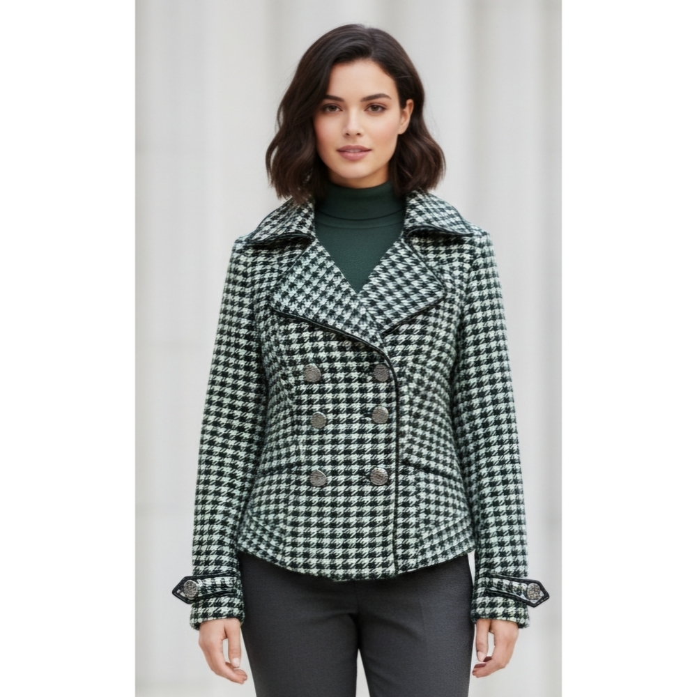 Jou Jou Houndstooth Wool Blend Double Breasted Tweed Short Pea Coat Jacket